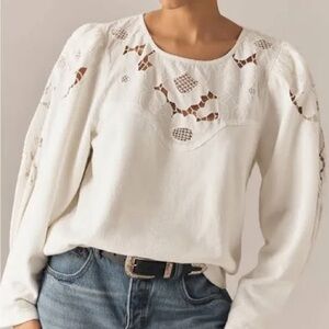 ANTHROPOLOGIE LACE CUTWORK MUTTON-SLEEVE TOP